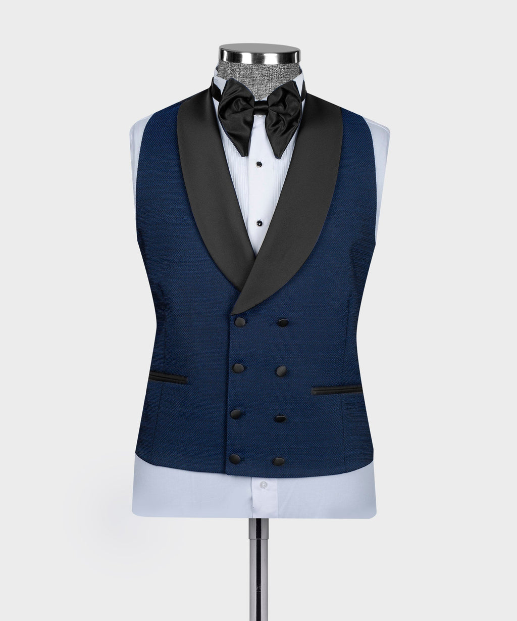 Blue tuxedo waistcoat with black satin lapels, bow tie and white dress shirt