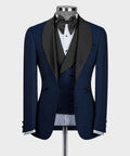 Blue tuxedo jacket with black satin lapels and bow tie, double-breasted vest