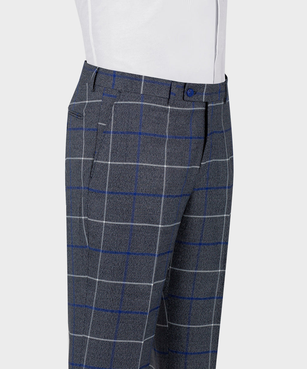 Dark gray suit trousers with blue windowpane plaid pattern and side pockets