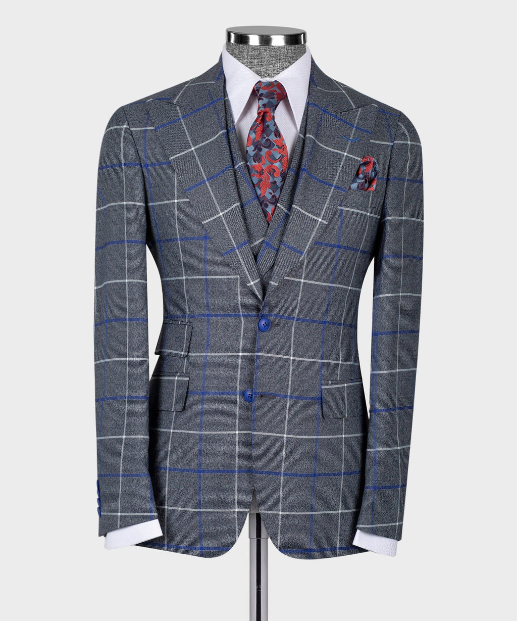 Dark gray windowpane 3-piece suit with matching vest, blue grid, red patterned tie