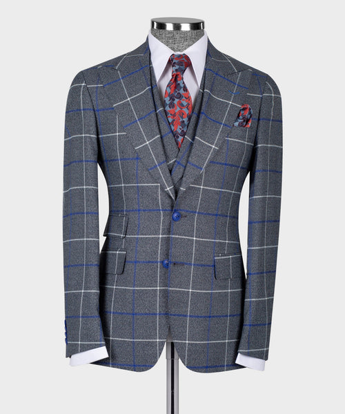Dark gray windowpane 3-piece suit with matching vest, blue grid, red patterned tie