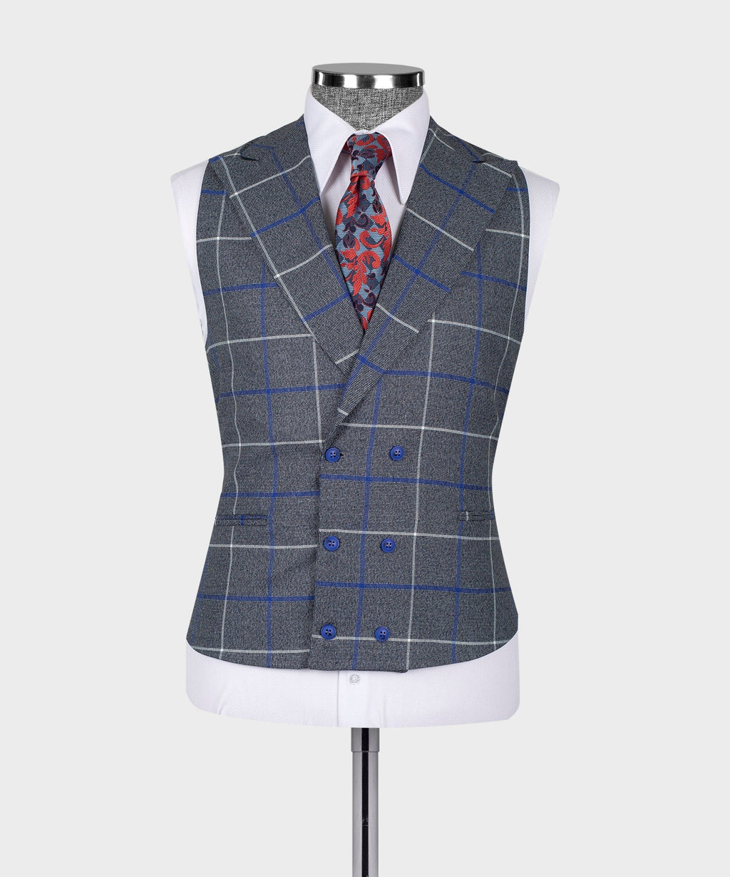 Dark gray windowpane vest with blue grid and red patterned tie on mannequin