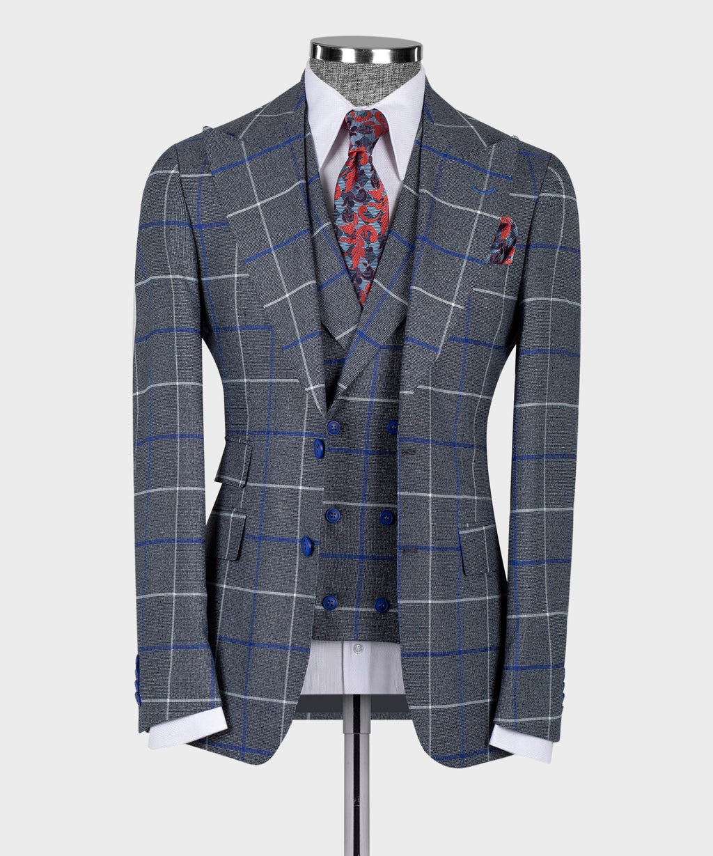 Dark gray 3-piece suit: blue windowpane jacket, matching vest, red patterned tie