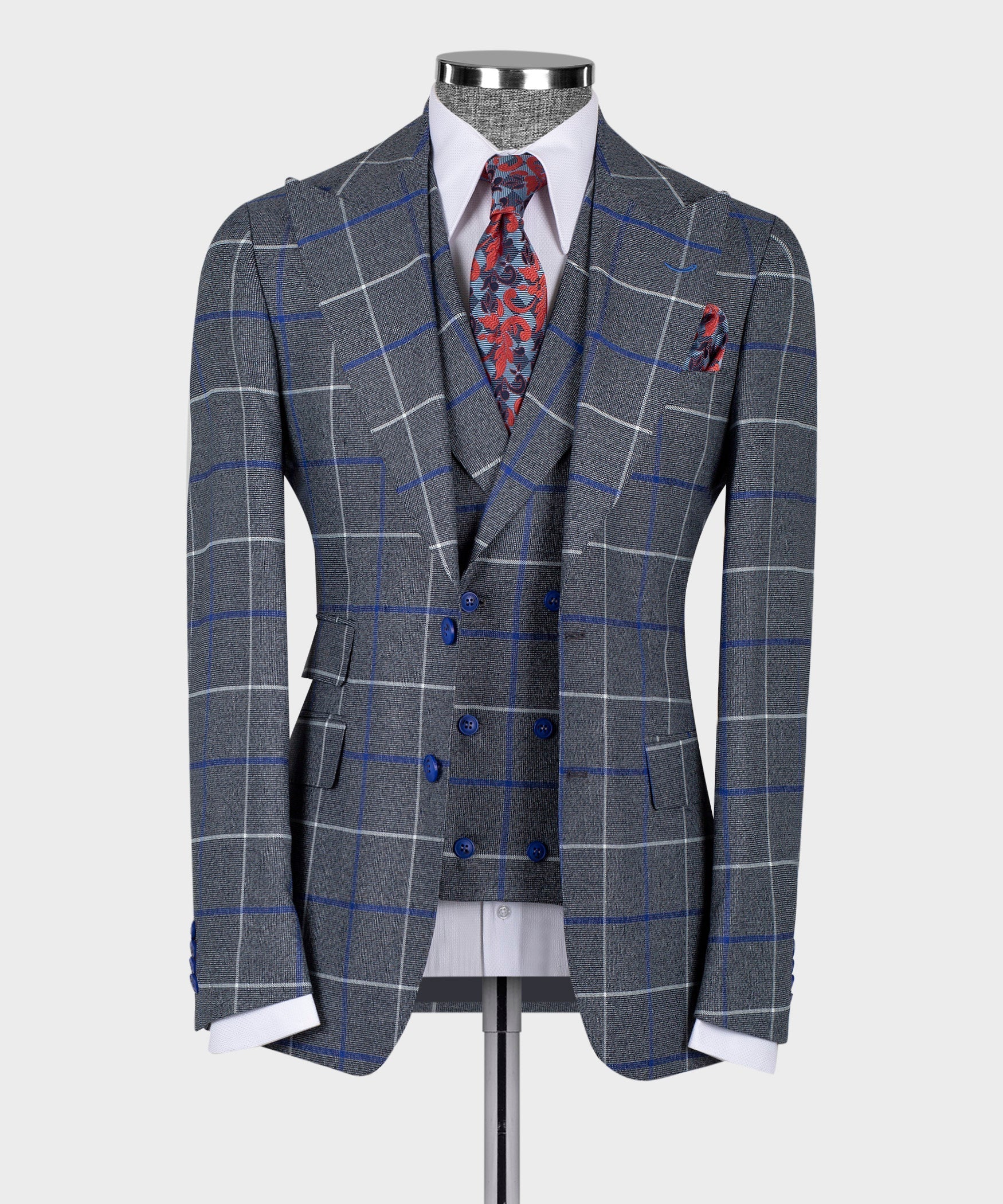 Dark gray 3-piece suit: blue windowpane jacket, matching vest, red patterned tie