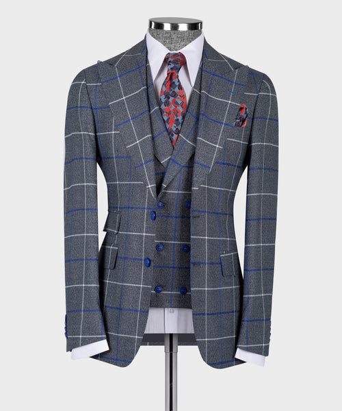 Dark gray 3-piece suit: blue windowpane jacket, matching vest, red patterned tie