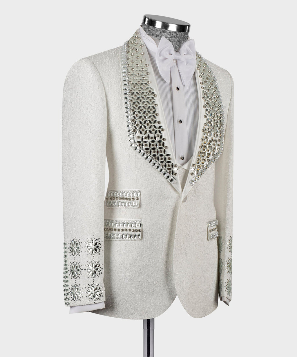 White tuxedo jacket front view with rhinestone-studded V lapel and double cuff details