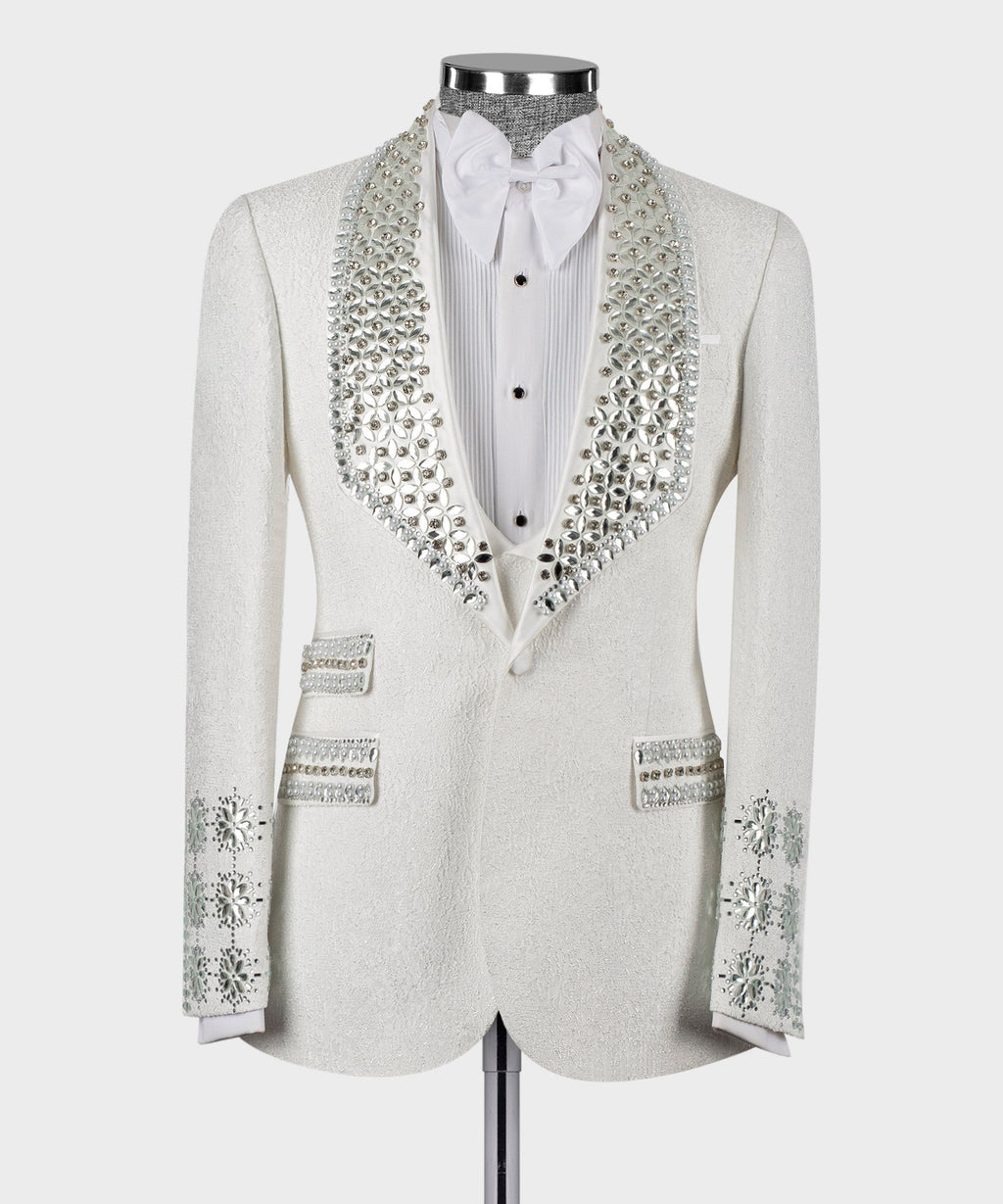 White silk-wool tuxedo jacket with jeweled crystal beaded lapels and white bow shirt