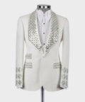 White silk-wool tuxedo jacket with jeweled crystal beaded lapels and white bow shirt