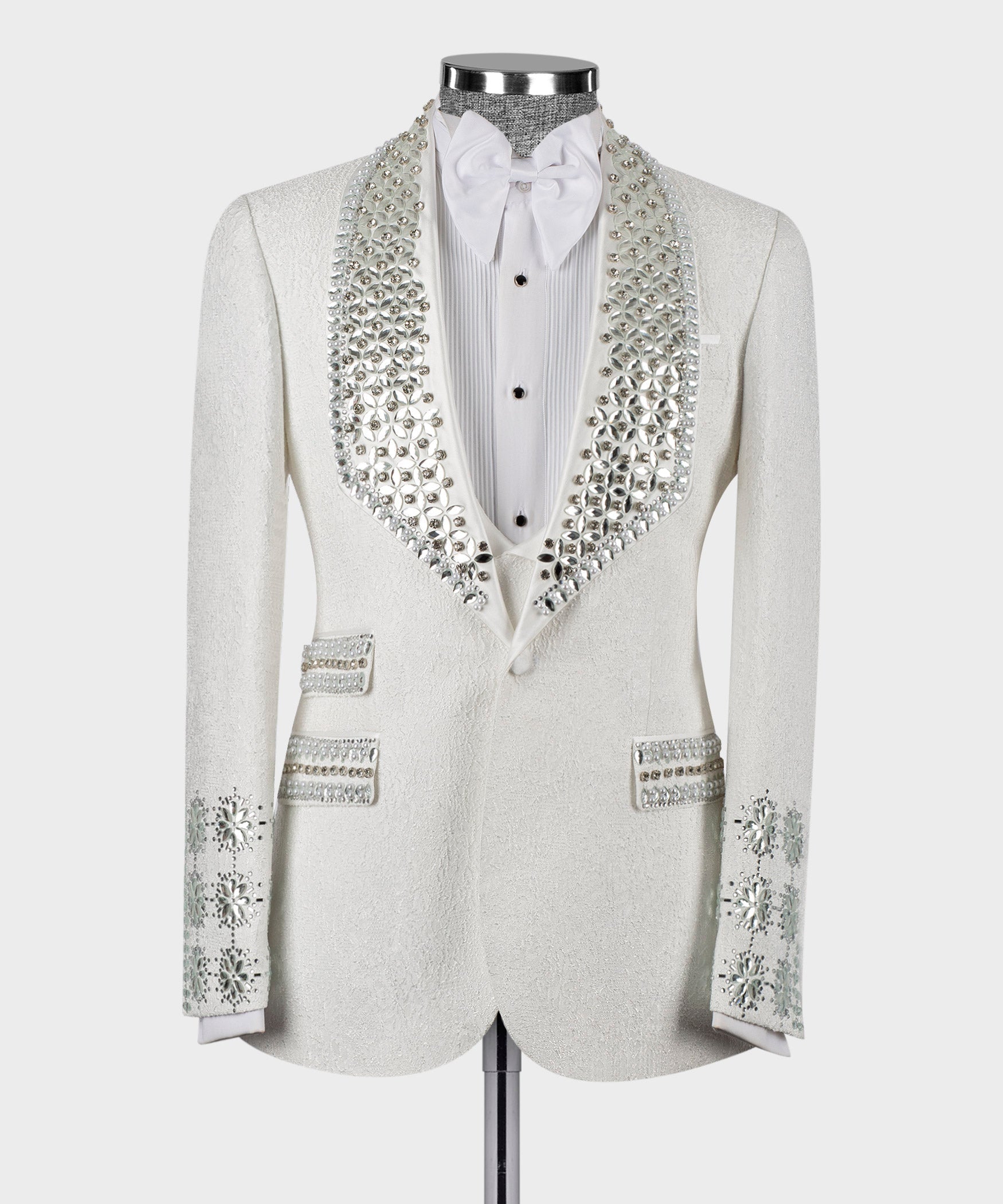 White silk-wool tuxedo jacket with jeweled crystal beaded lapels and white bow shirt