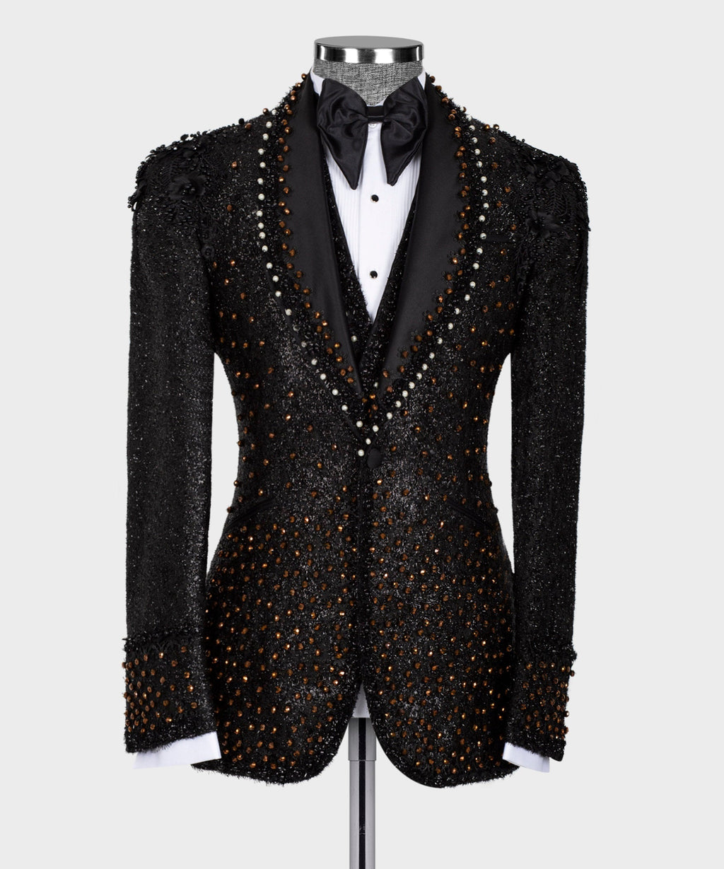 Front view black tuxedo jacket with ornate bead-and-pearl trim and satin bow tie