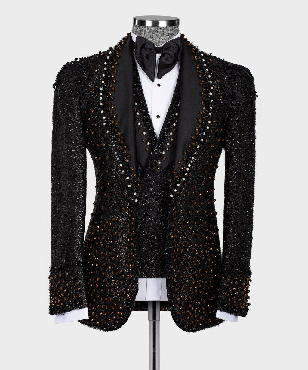 Black beaded tuxedo jacket with satin bow tie and white shirt panel on mannequin