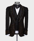 Black beaded tuxedo jacket with satin bow tie and white shirt panel on mannequin