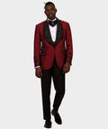 Men’s red tuxedo jacket with black satin vest, bow tie, white shirt, and black trousers