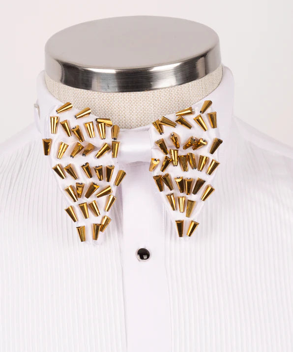 Koss Atelier white silk bow tie featuring gold spike stud embellishments on a pleated formal shirt.