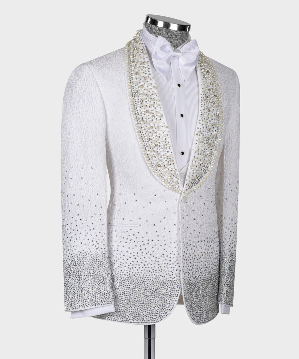 White tuxedo jacket with bow tie and gold gem-style embellished V-shaped lapels