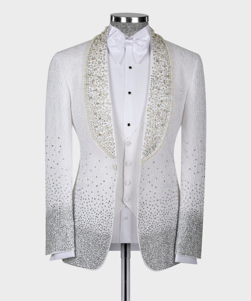 White tuxedo jacket front with bow tie, gold embellished lapels, button placket