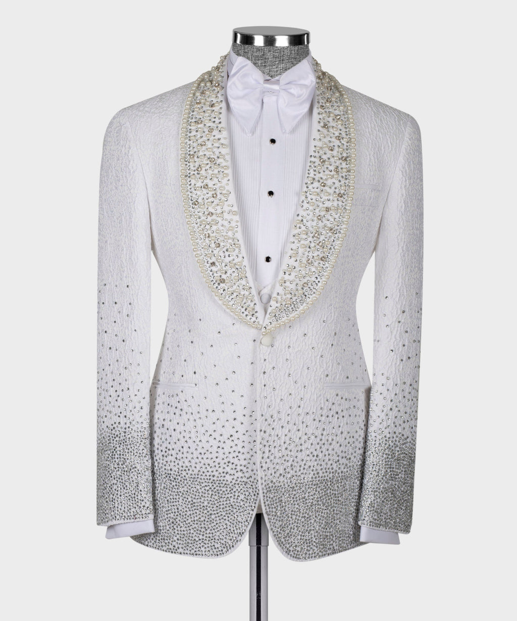 White tuxedo jacket with bow tie and gold jeweled trim on satin lapels