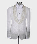 White tuxedo jacket with bow tie and gold jeweled trim on satin lapels