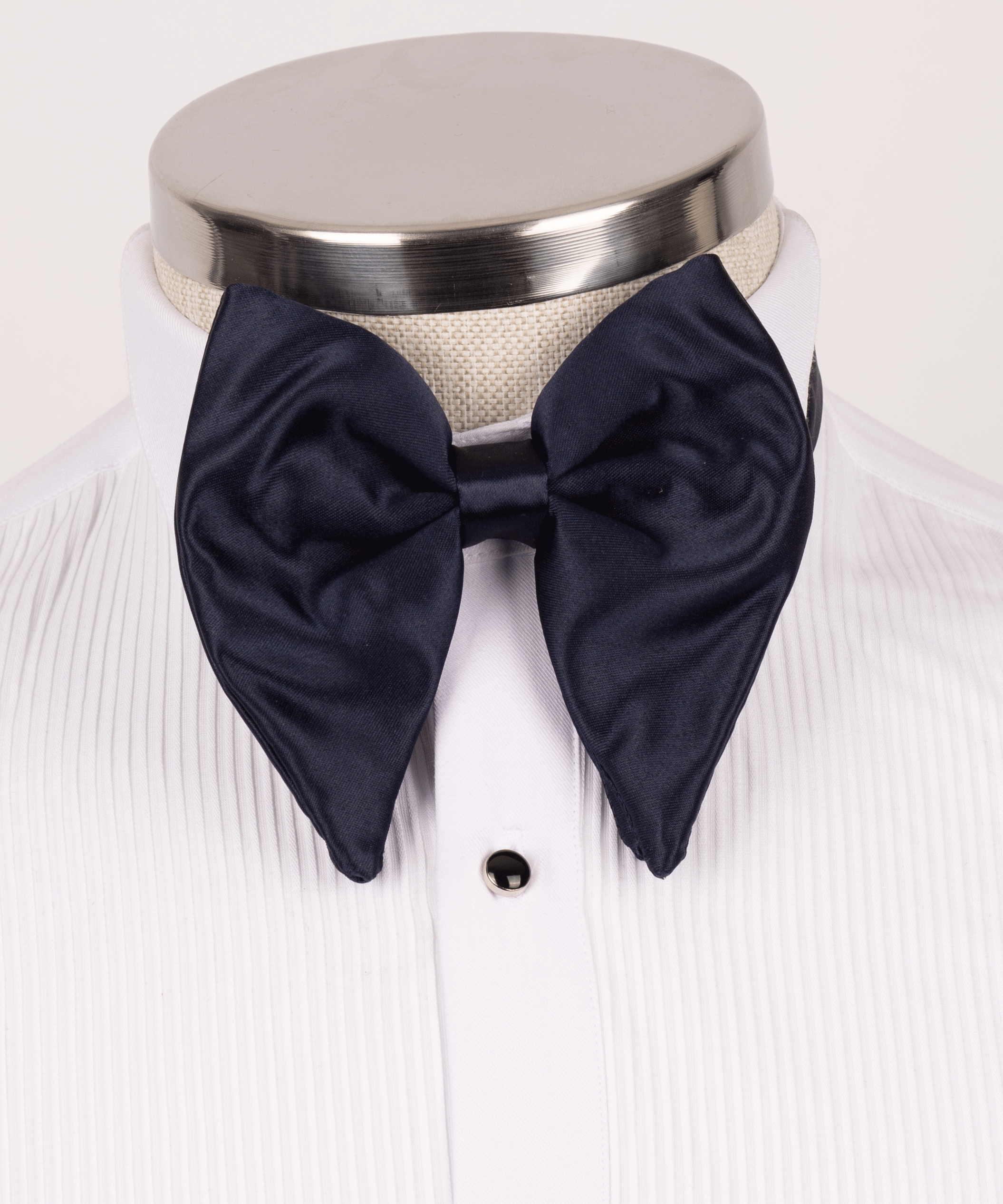 Two-tone blue satin bow tie, classic knot with curved ends