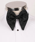 Koss Atelier black silk butterfly bow tie on a white pleated formal shirt.