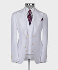 White suit jacket with gold buttons, notch lapels, and burgundy patterned tie