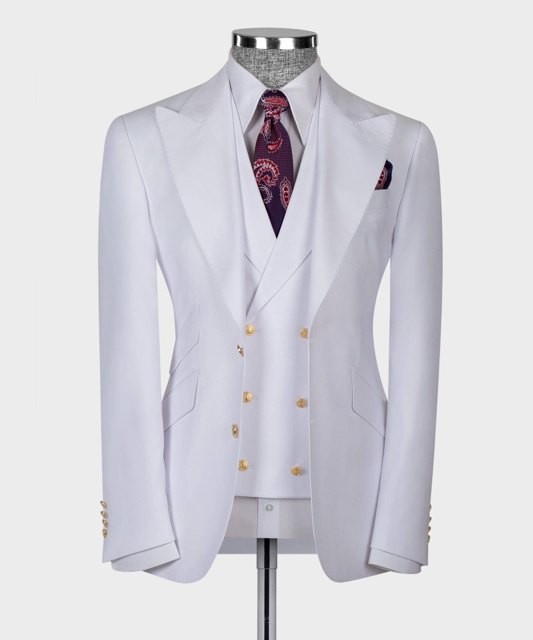 White suit jacket with gold buttons, notch lapels, and burgundy patterned tie