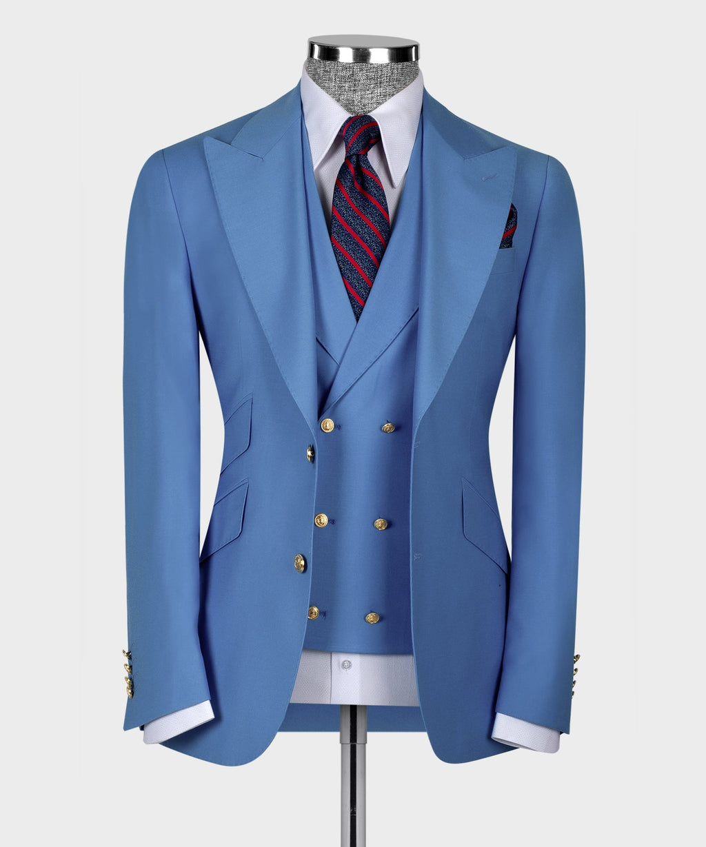 Men’s classic 3-piece vest suit set in light blue, with patterned red necktie