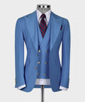Men’s classic 3-piece vest suit set in light blue, with patterned red necktie