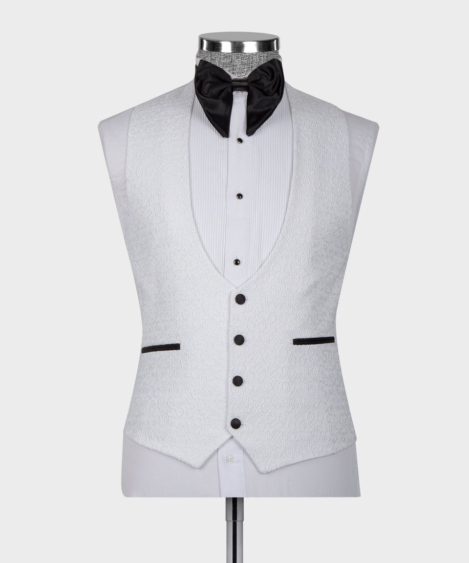 White tuxedo vest and shirt front with black bow tie and button details