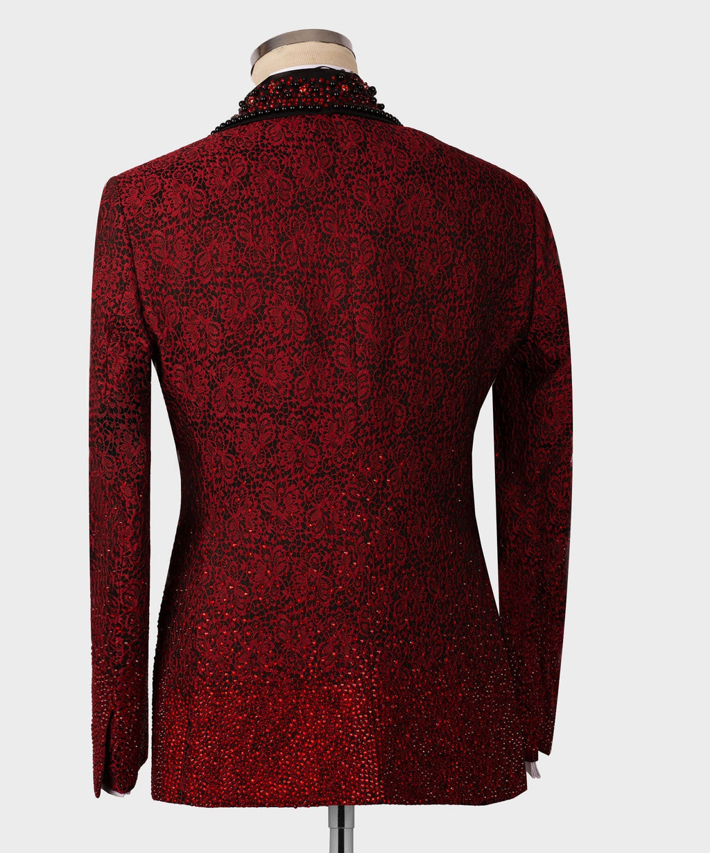 Red sequined tuxedo jacket back view with shimmering textured fabric