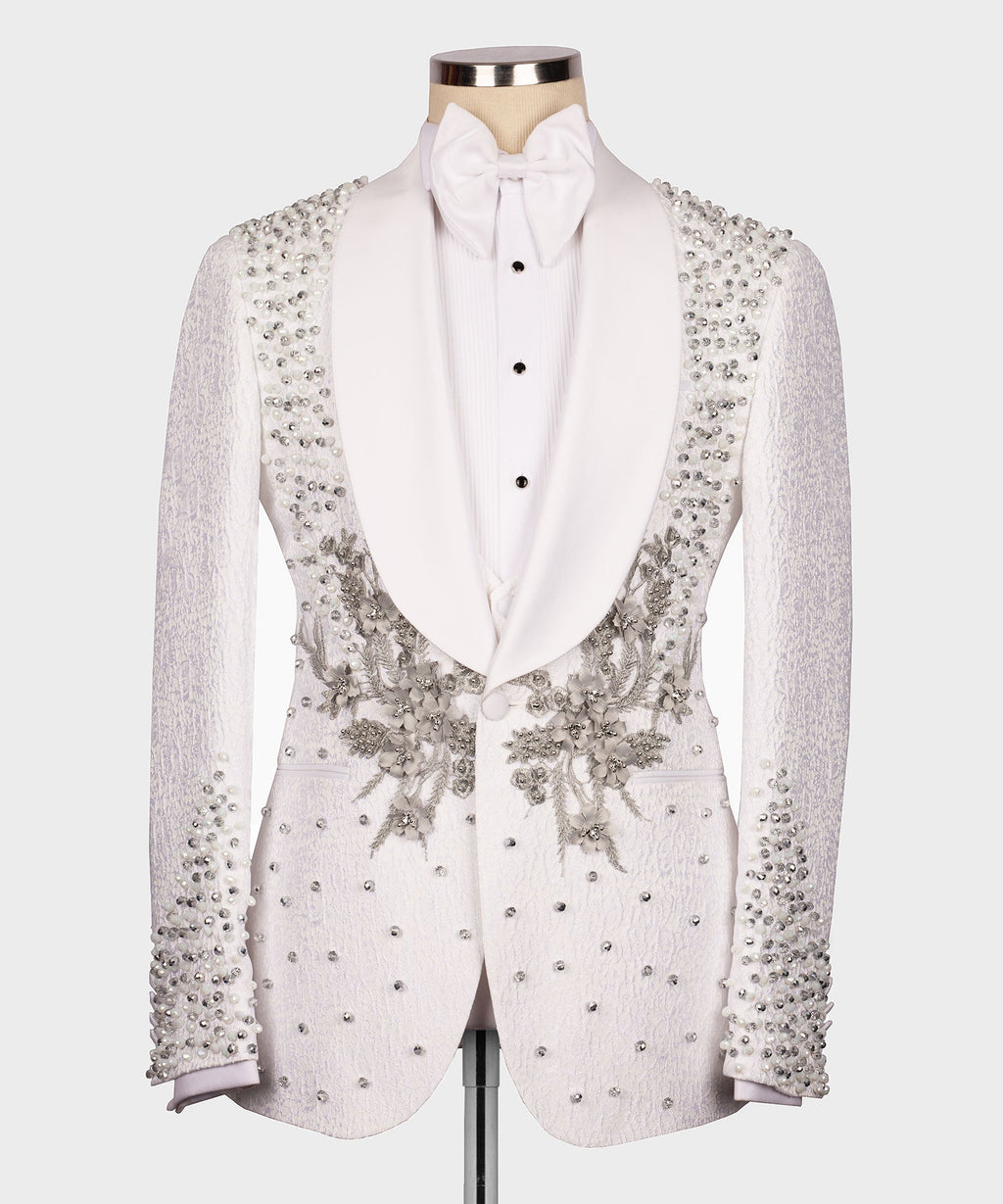 White tuxedo jacket with jeweled floral embellishments, black buttons, vest and bow tie set