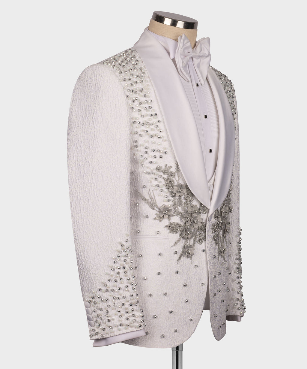 White tuxedo jacket with jeweled floral embroidery along chest and sleeve, bow tie
