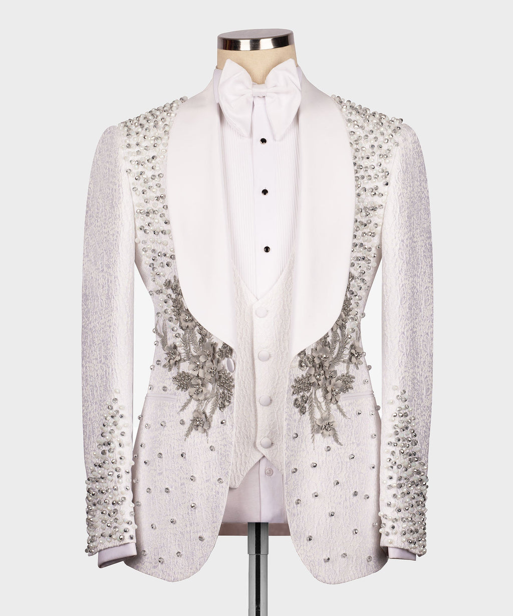 White jeweled floral tuxedo jacket with rhinestone-studded sleeves, bow tie and vest