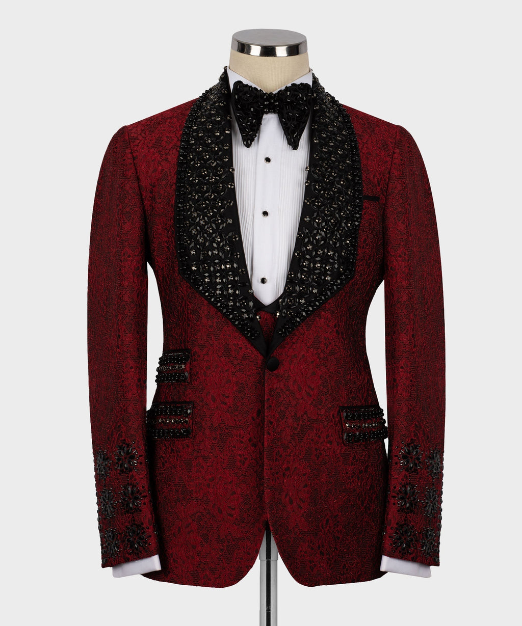 Red custom tuxedo jacket with black patterned satin lapels and bow tie