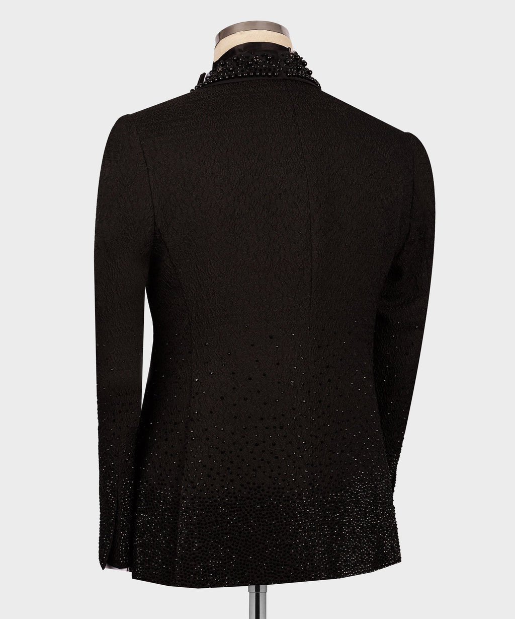 Black tuxedo jacket back view with subtle sparkle pattern