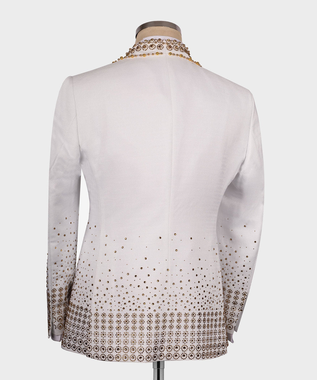 Back view of white tuxedo jacket with gold gem-stone dot and border detailing