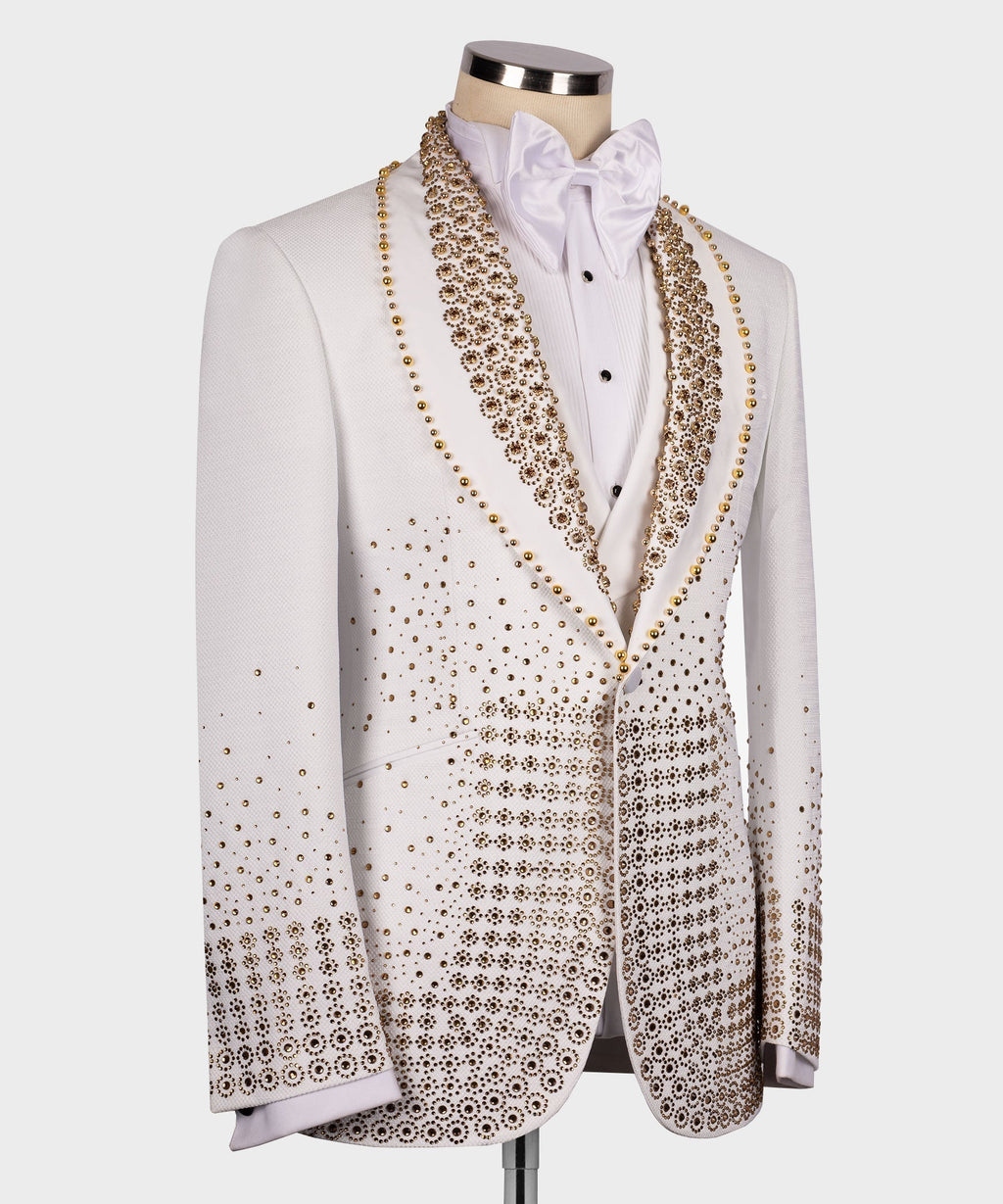 White tuxedo jacket with gold gem-stone lapel and scattered bead embellishments