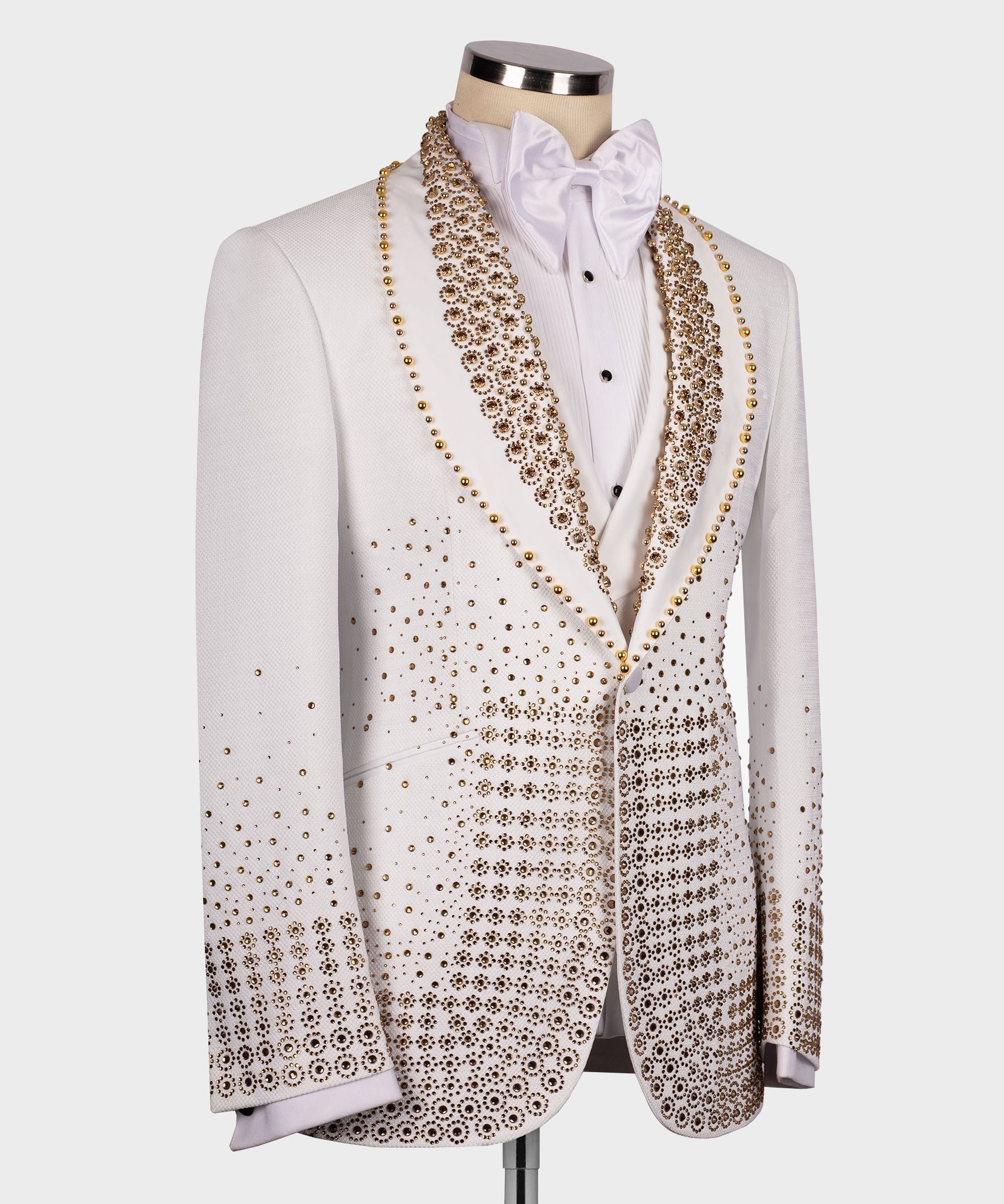 White tuxedo jacket with gold gem-stone lapel and scattered bead embellishments