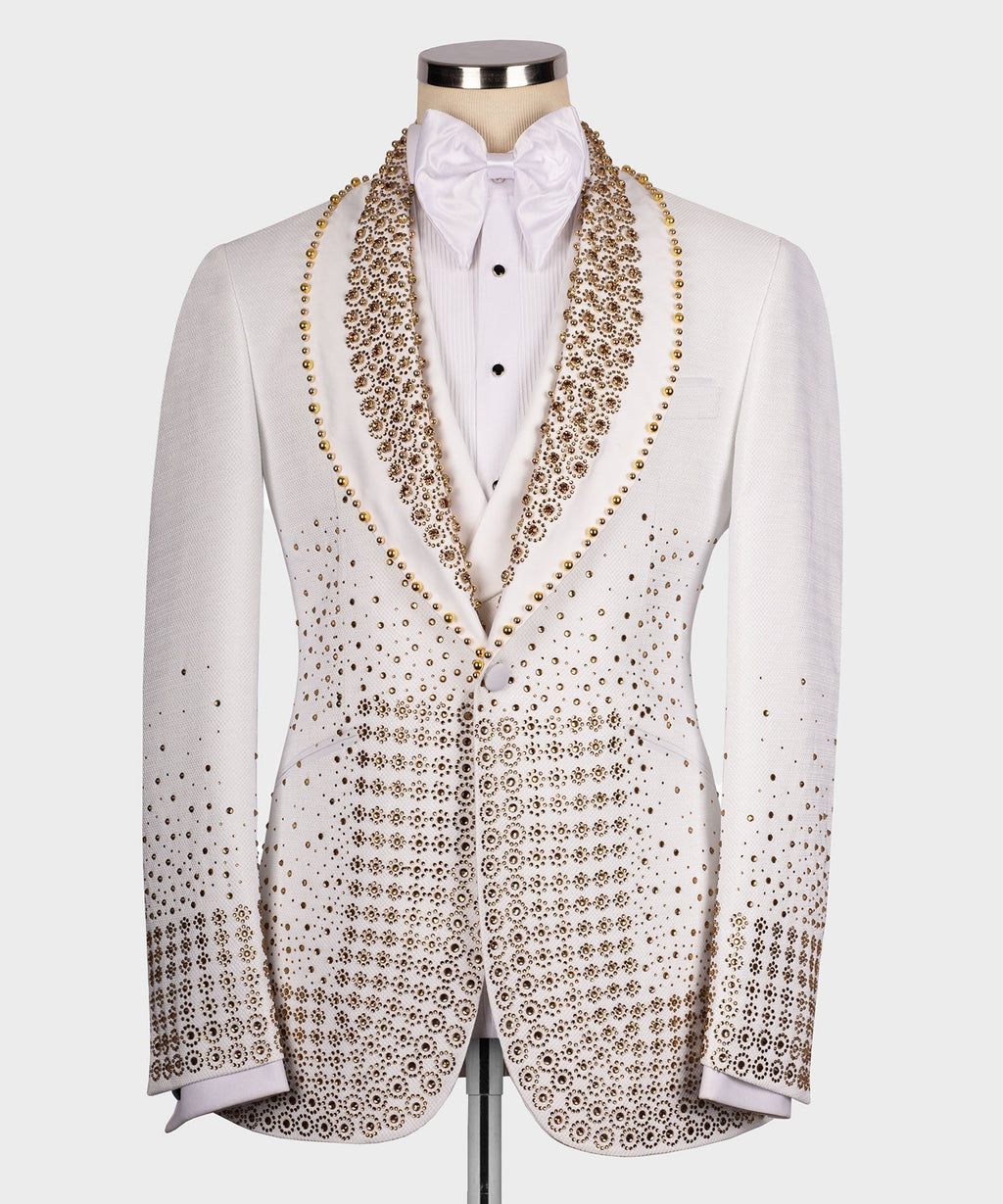 White tuxedo jacket with gold gem-stone trim, bow tie, and matching pocket detail