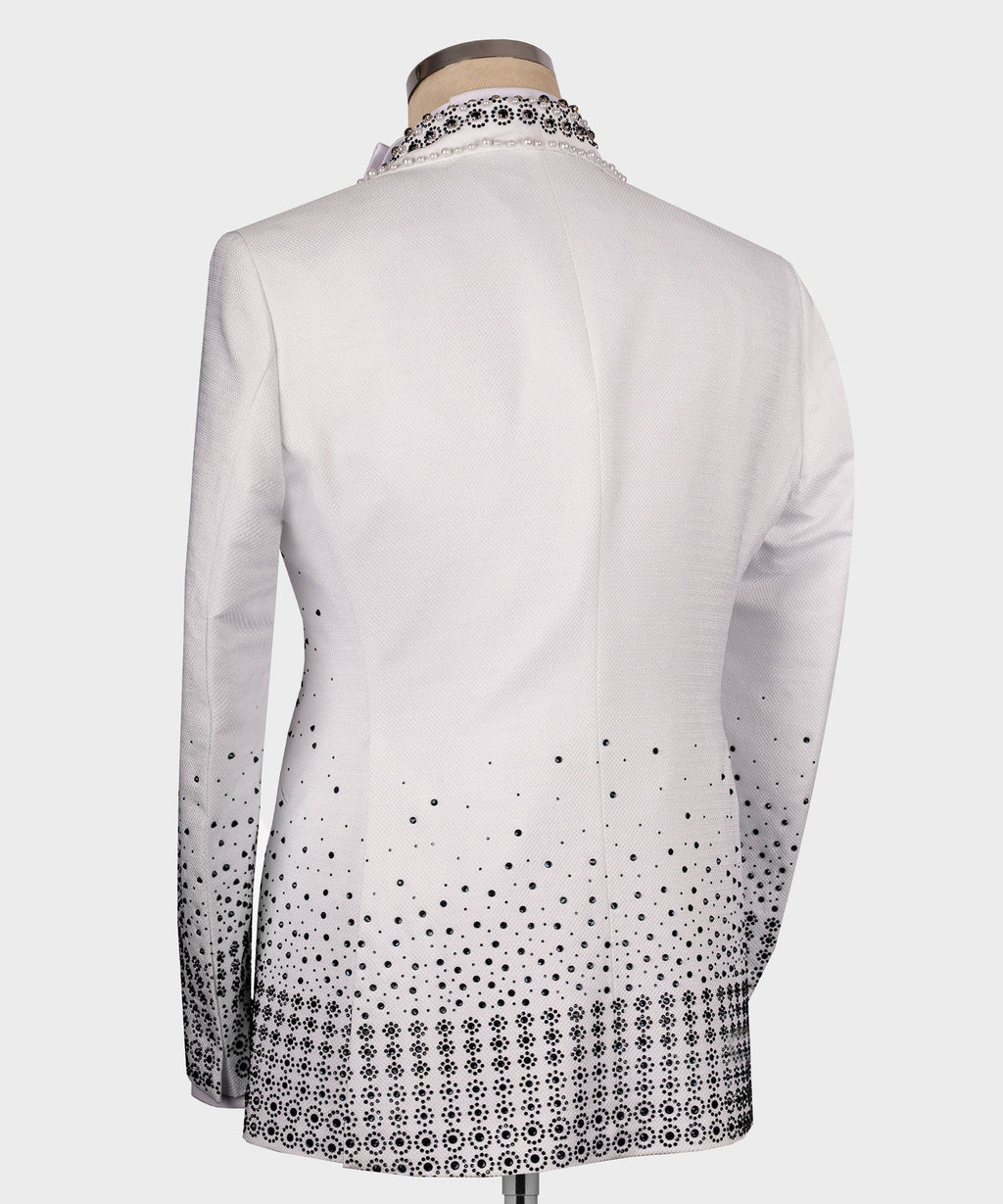 Back view white tuxedo jacket with black beaded speckle and hem detailing