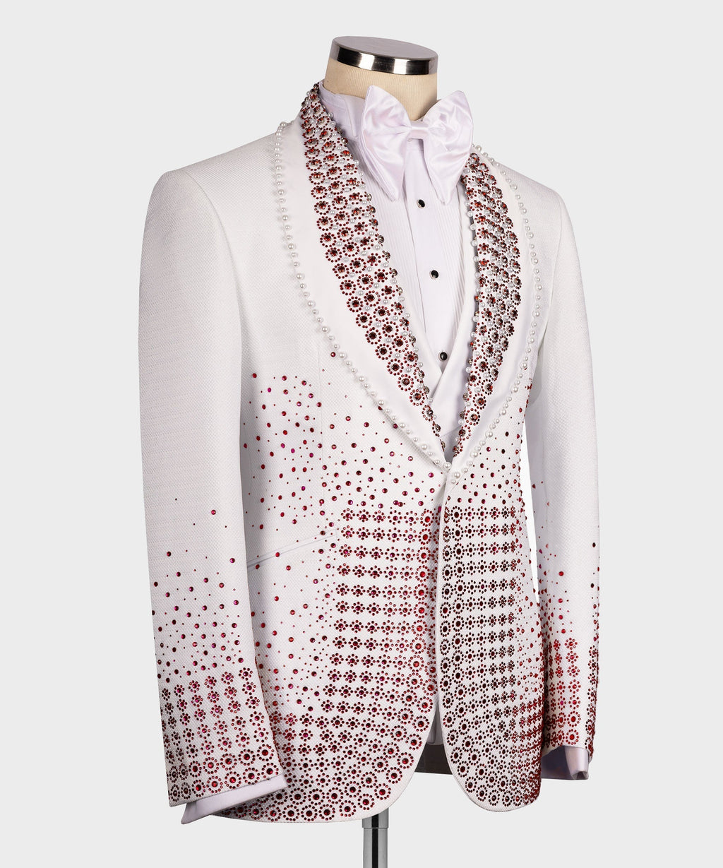 White tuxedo jacket, red beaded gem trim across lapels and front, bow tie