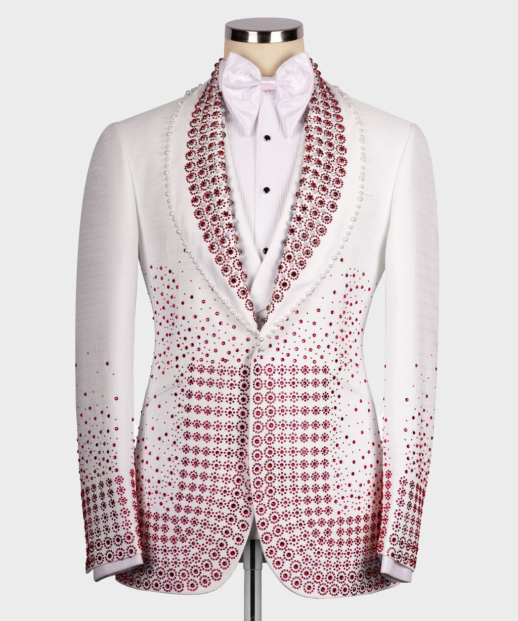 White tuxedo jacket with red gem-style beaded lapels and bow tie detail