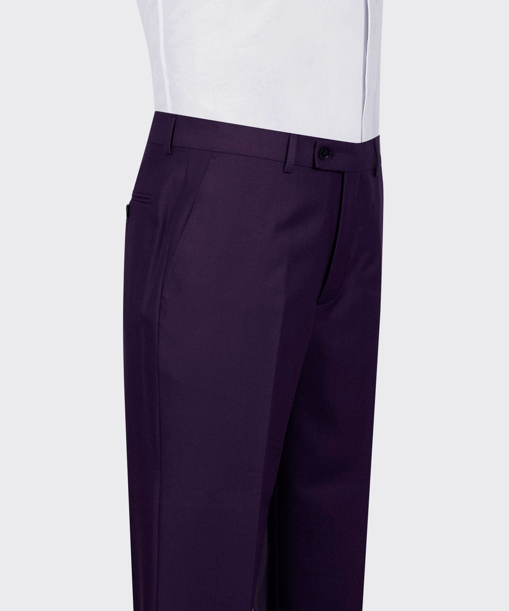 Dark purple dress pants with waistband, belt loops, and button closure