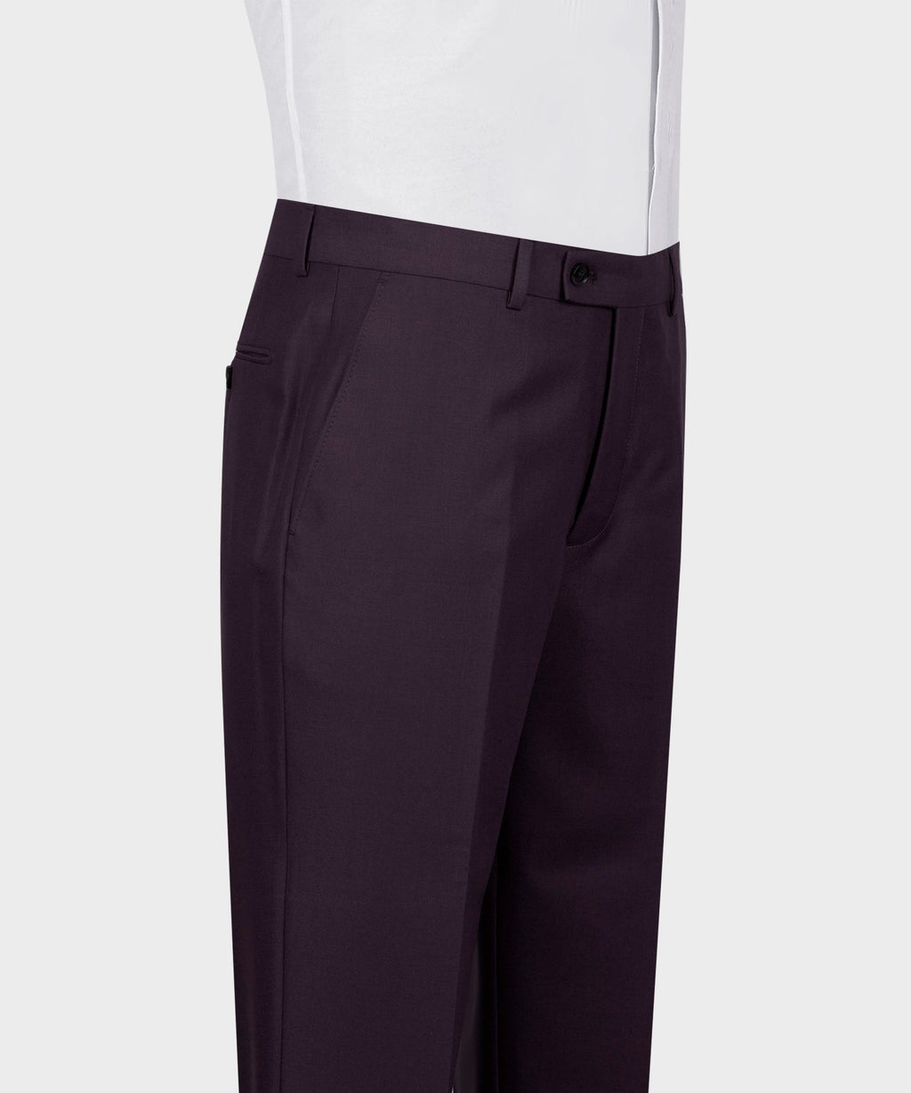 Dark plum suit trousers with belt loops, front crease, and hook-and-bar closure