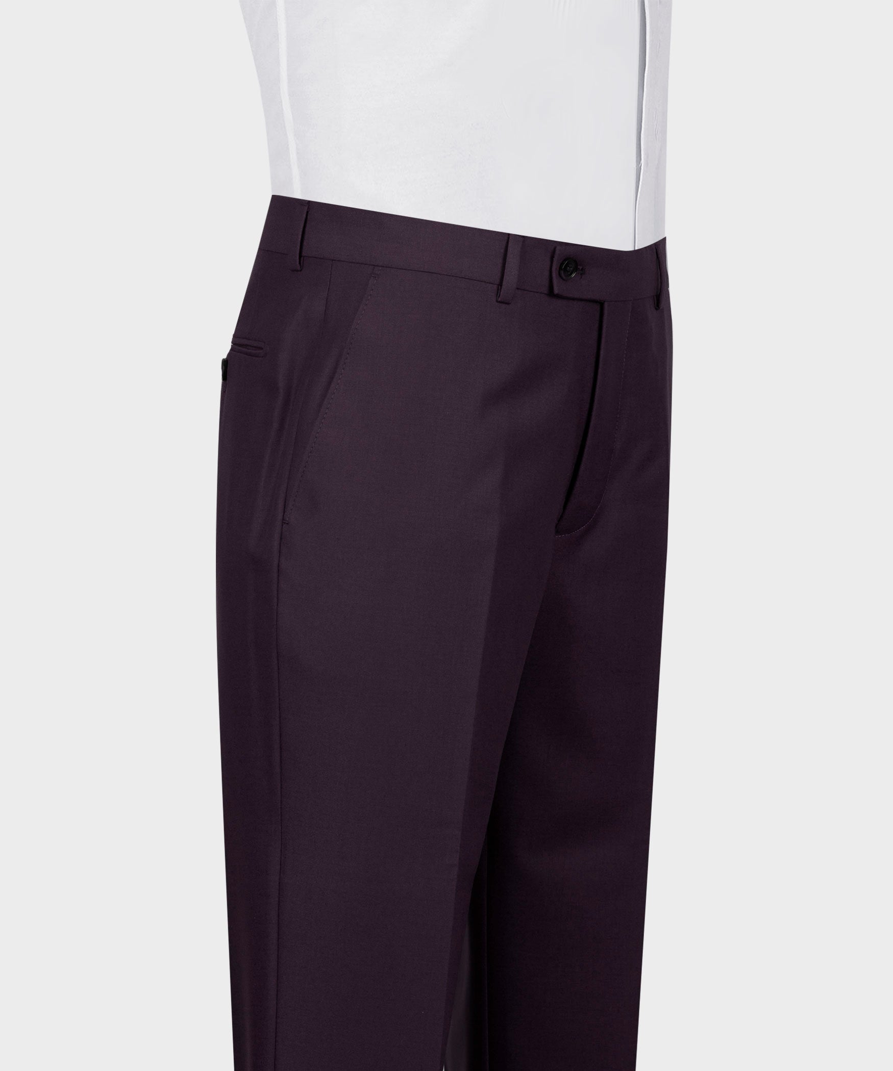 Dark plum suit trousers with belt loops, front crease, and hook-and-bar closure