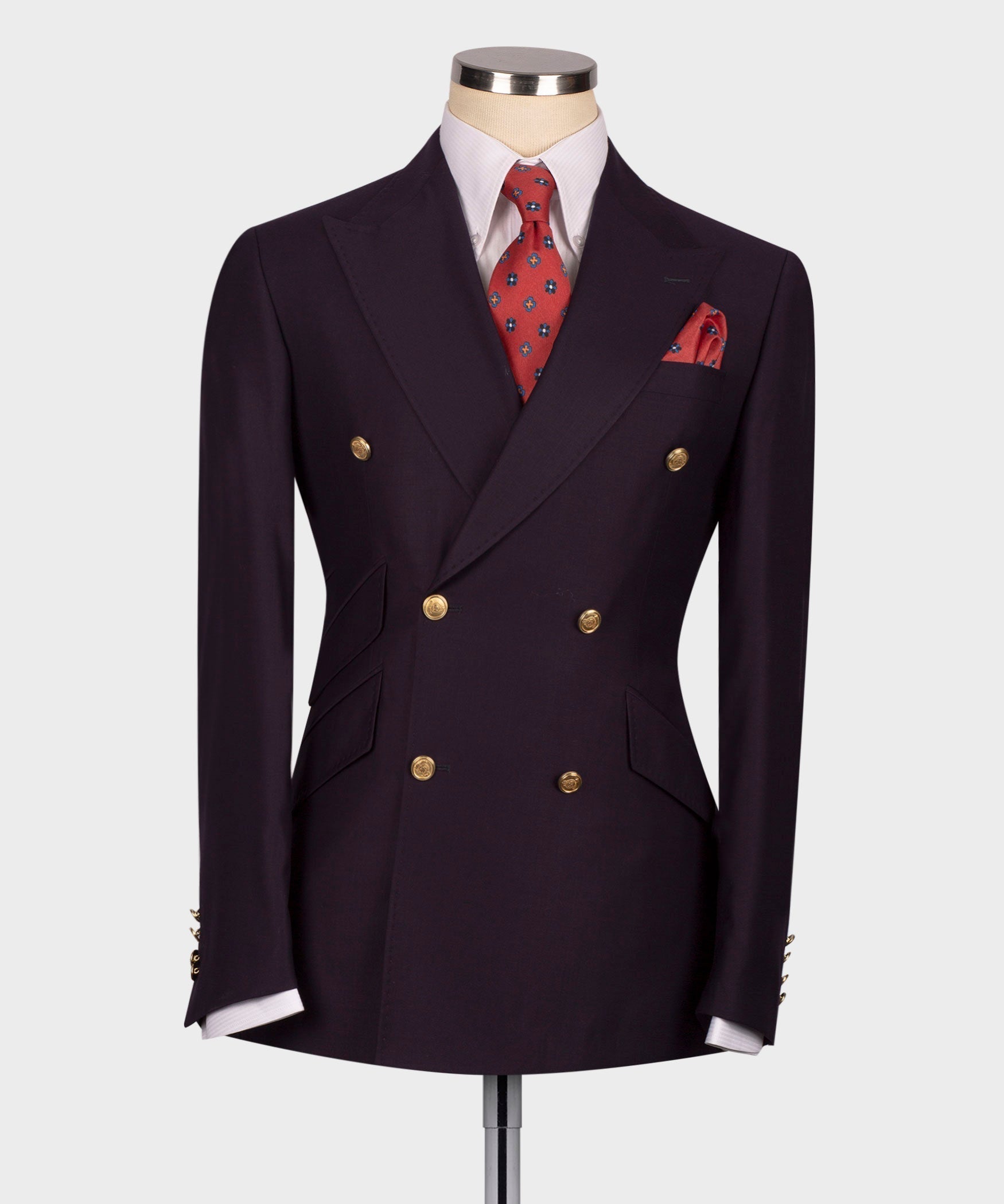 Double-breasted suit jacket in dark plum with gold buttons and notch lapels