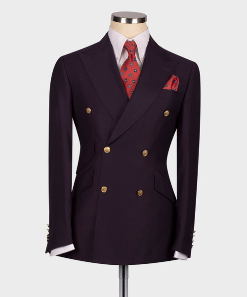 Double-breasted suit jacket in dark plum with gold buttons and notch lapels
