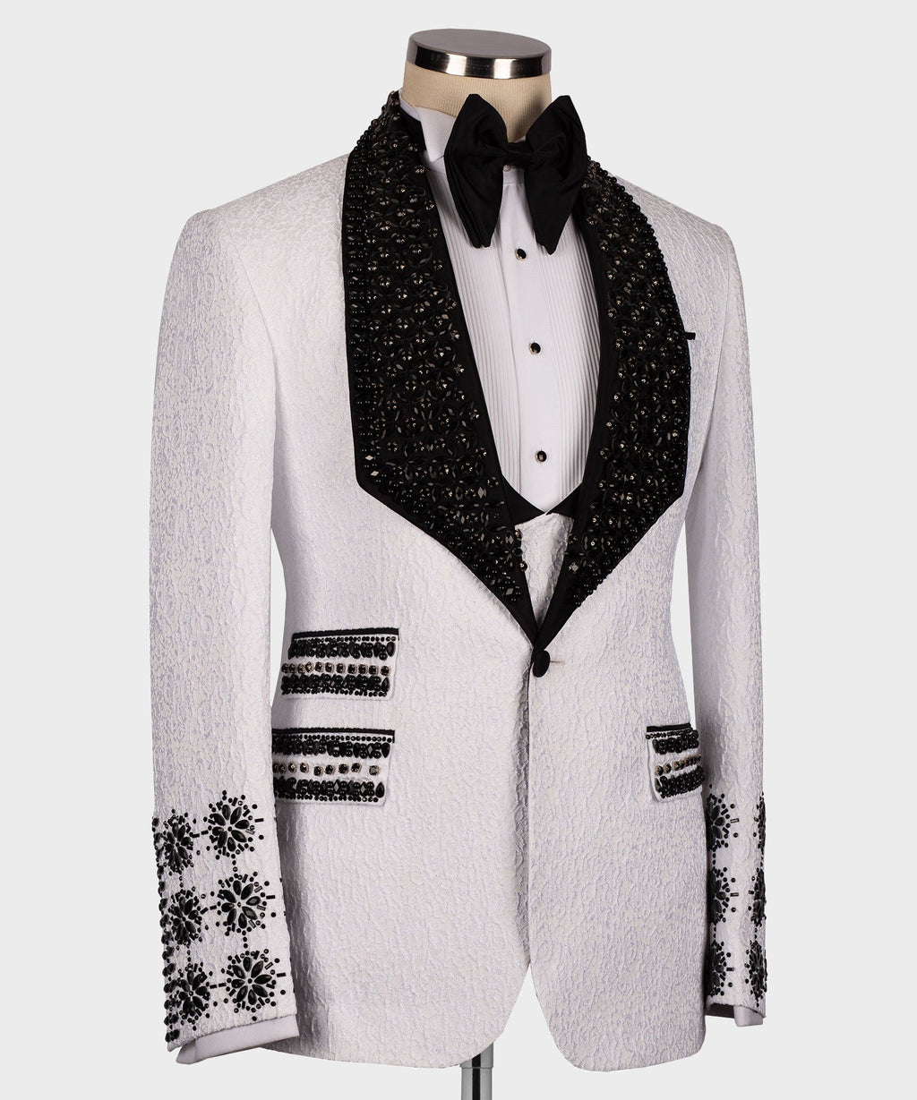 White tuxedo jacket with black embellished waistcoat and crystal trim cuffs