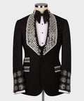 Black tuxedo jacket with jeweled crystal-strap lapels and embellished cuffs