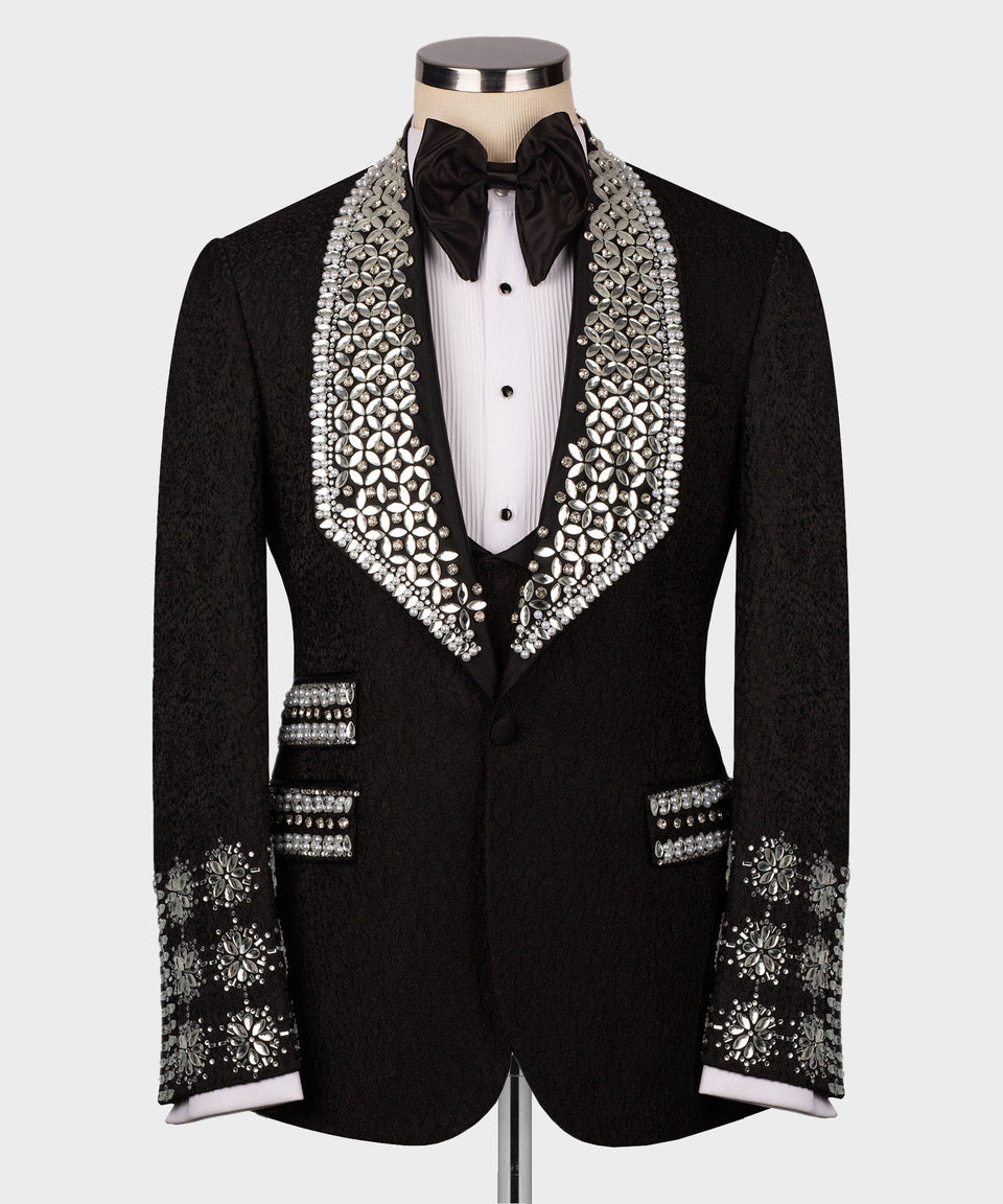 Black tuxedo jacket with jeweled crystal-strap lapels and embellished cuffs